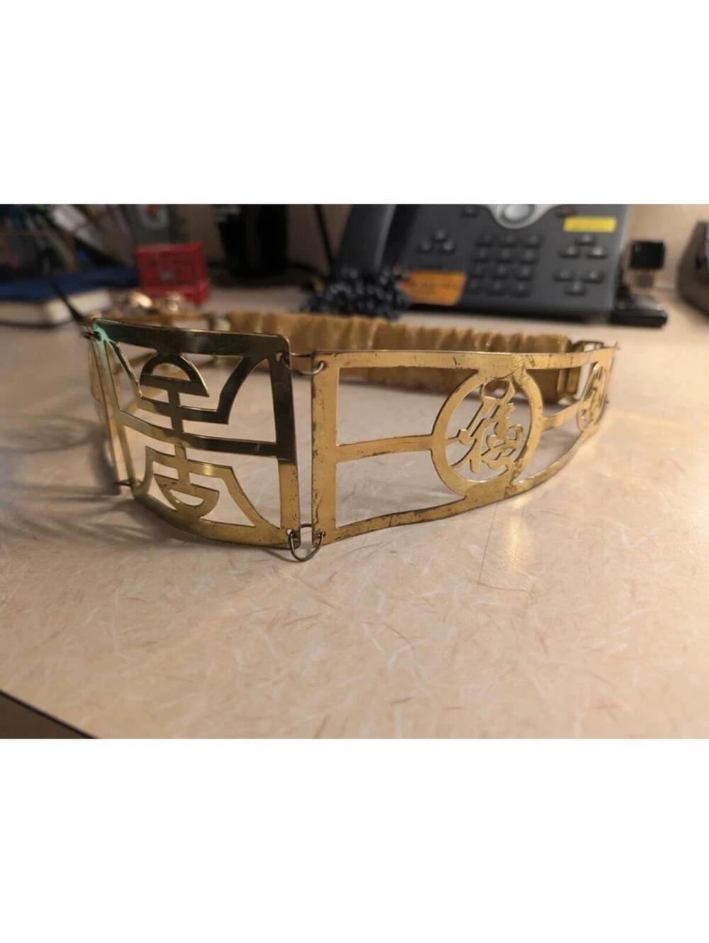Vintage Gold Brass Metal Geometric Statement Belt Chinese Characters Accessory - Picture 3 of 8